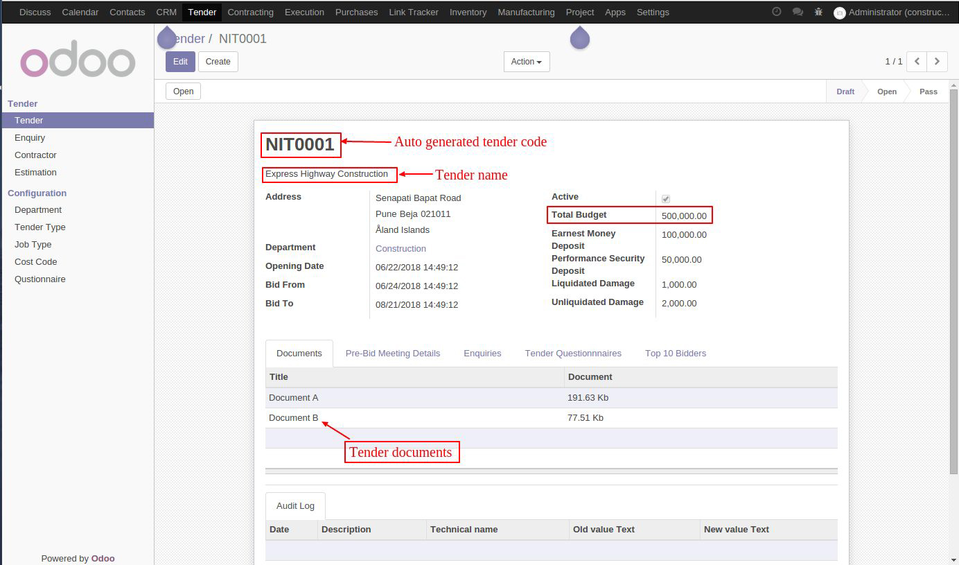 screenshot of odoo constructiom management software